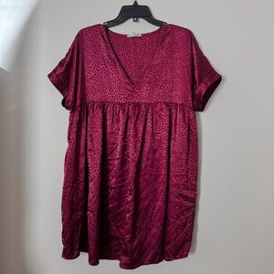 Women’s Entro Burgundy Jacquard Cheetah Leopard Print Babydoll Dress w Pockets